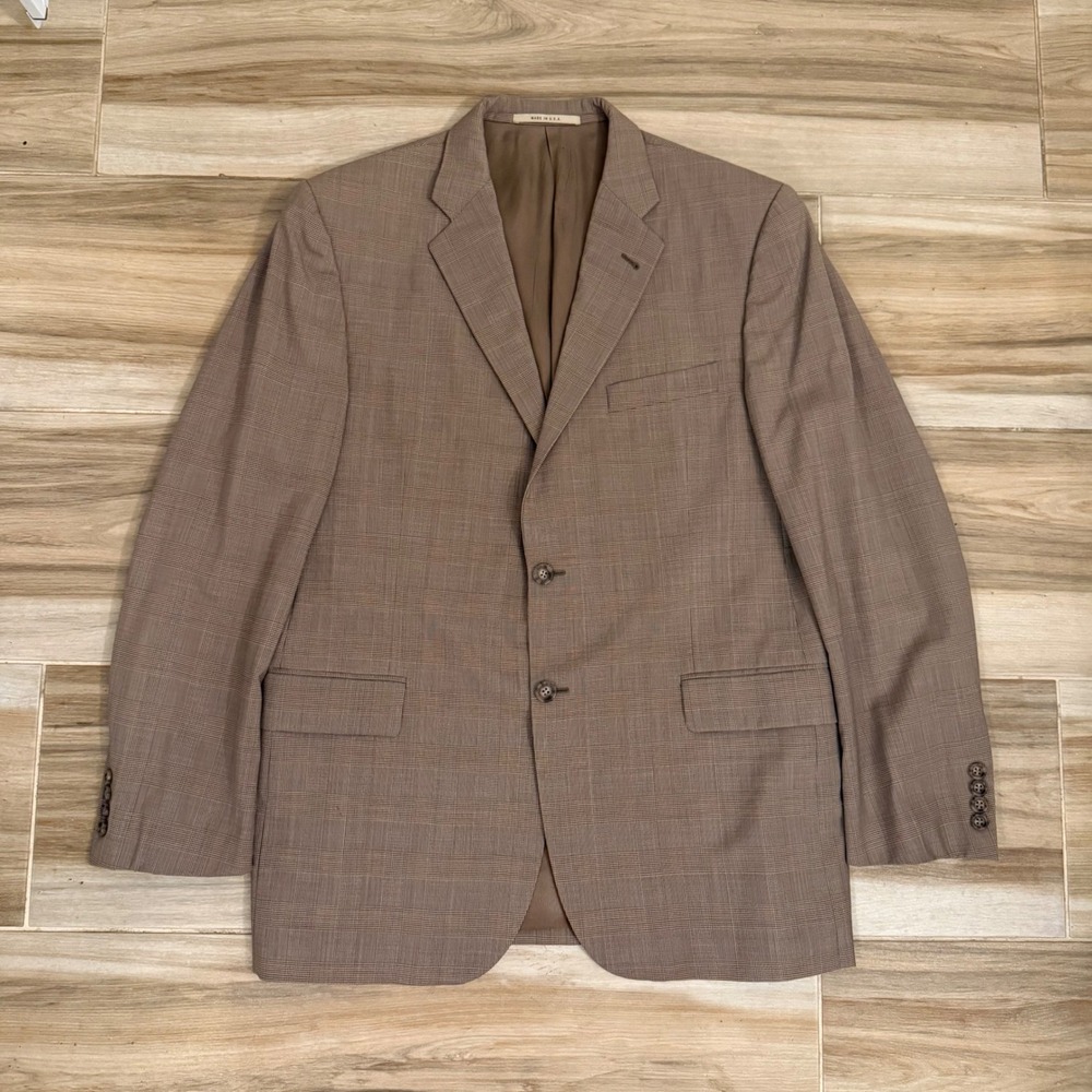 Burberry London Mens 42R Worsted Wool Blazer Tan Glen Plaid Made in USA